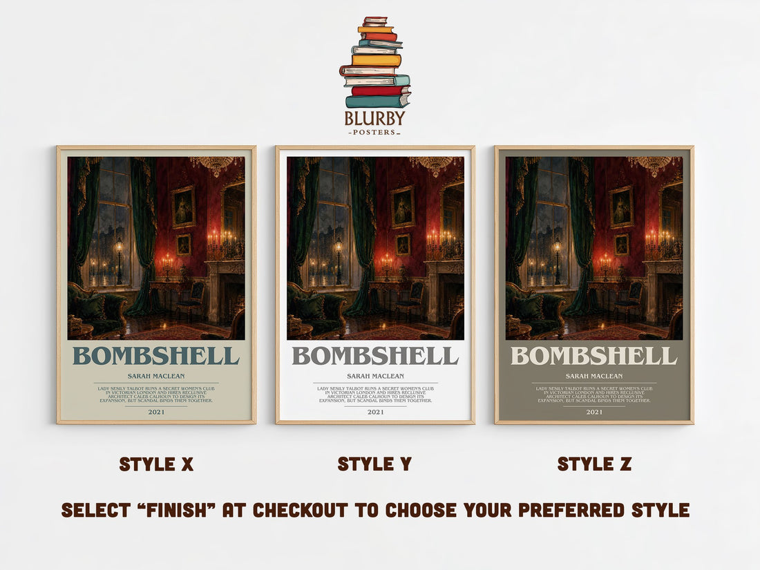 Bombshell bookish print in frame leaning in hallway – romance wall art (mockup)