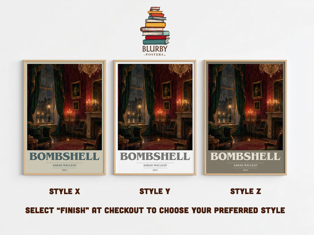 Bombshell book cover print in frame leaning in hallway – romance wall art (mockup)