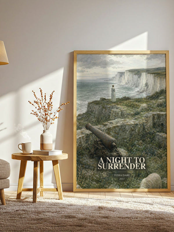 A Night to Surrender watercolour print in frame leaning in hallway – romance wall art