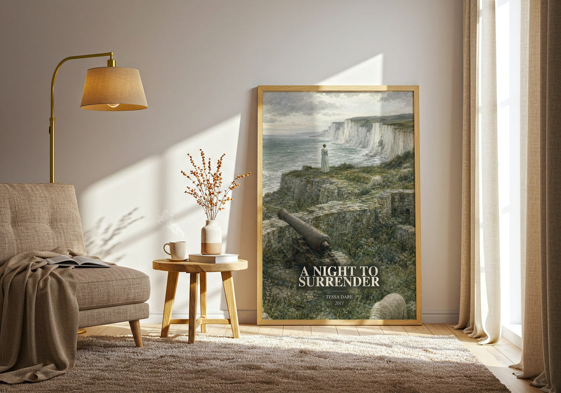 A Night to Surrender watercolour print in frame leaning in hallway – romance wall art (mockup)