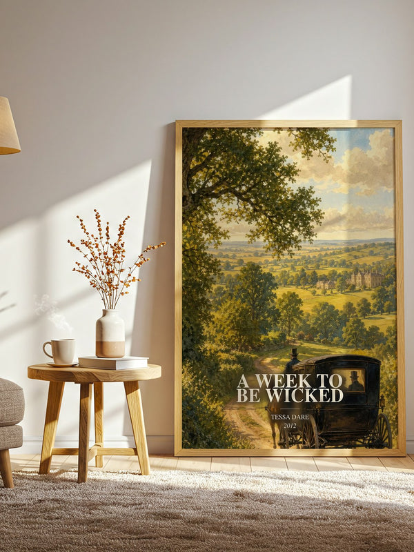 A Week to Be Wicked watercolour print in frame leaning in hallway – romance wall art