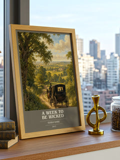 A Week to Be Wicked book cover print framed by window – literary home decor