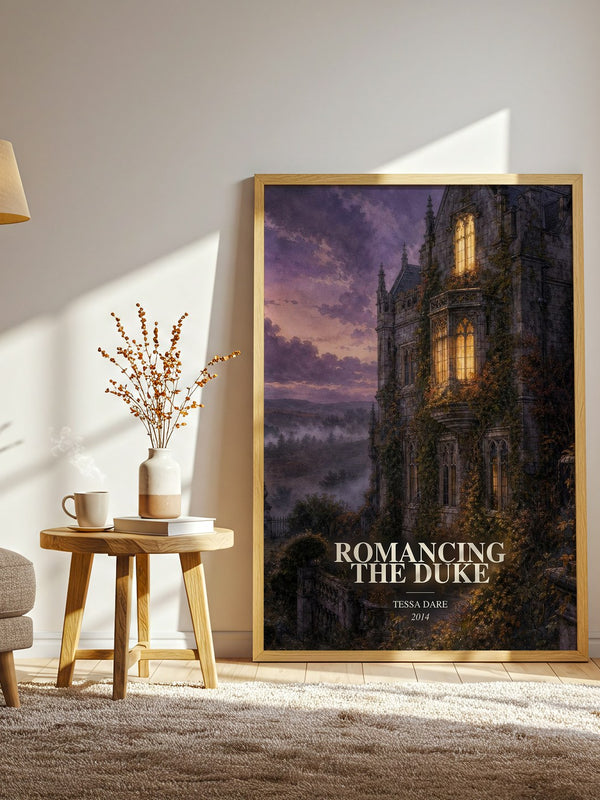 Romancing the Duke watercolour print in frame leaning in hallway – romance wall art