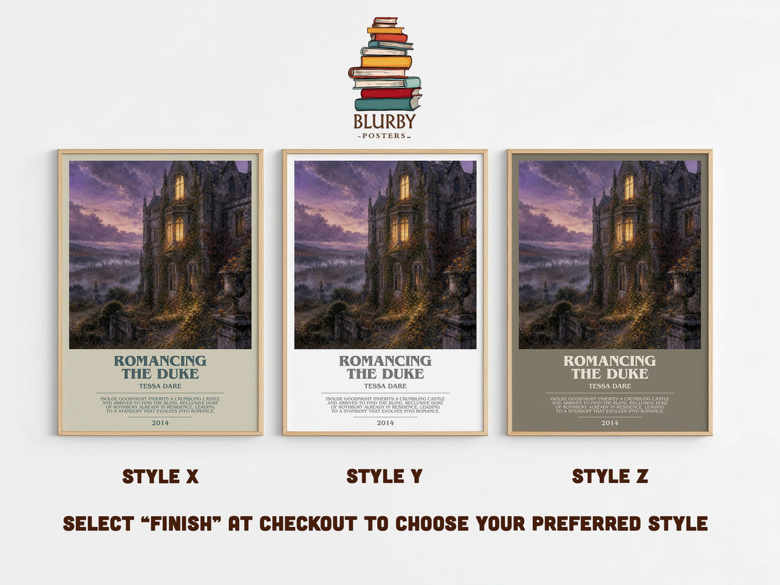 Romancing the Duke bookish print in frame leaning in hallway – romance wall art (mockup)
