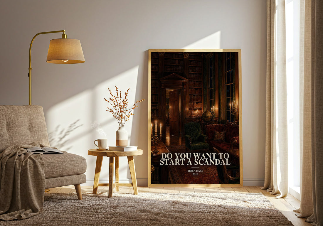 Do You Want to Start a Scandal watercolour print in frame leaning in hallway – romance wall art (mockup)