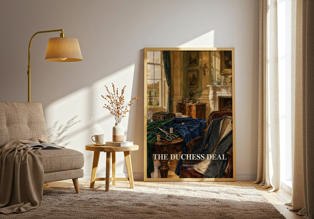 The Duchess Deal watercolour print in frame leaning in hallway – romance wall art (mockup)
