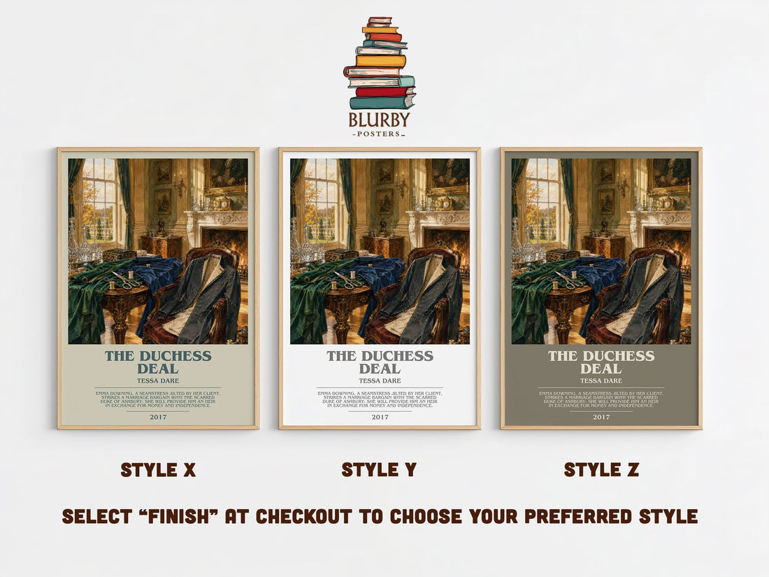 The Duchess Deal bookish print in frame leaning in hallway – romance wall art (mockup)