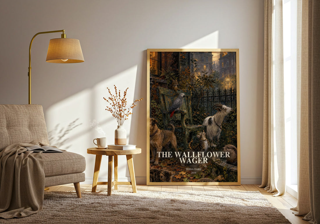 The Wallflower Wager watercolour print in frame leaning in hallway – romance wall art (mockup)