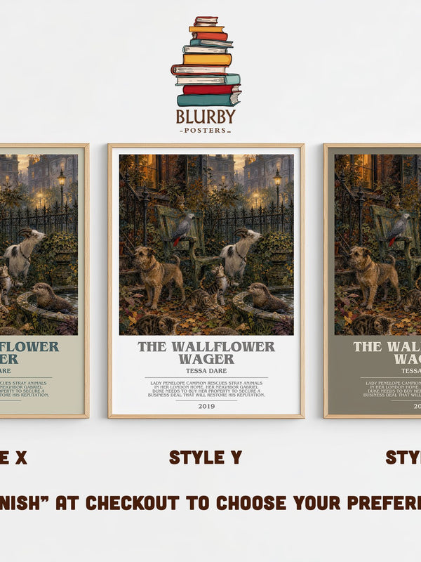 The Wallflower Wager bookish print in frame leaning in hallway – romance wall art