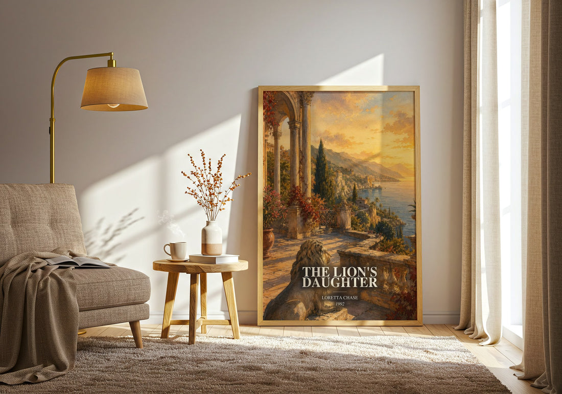 The Lion's Daughter watercolour print in frame leaning in hallway – romance wall art (mockup)