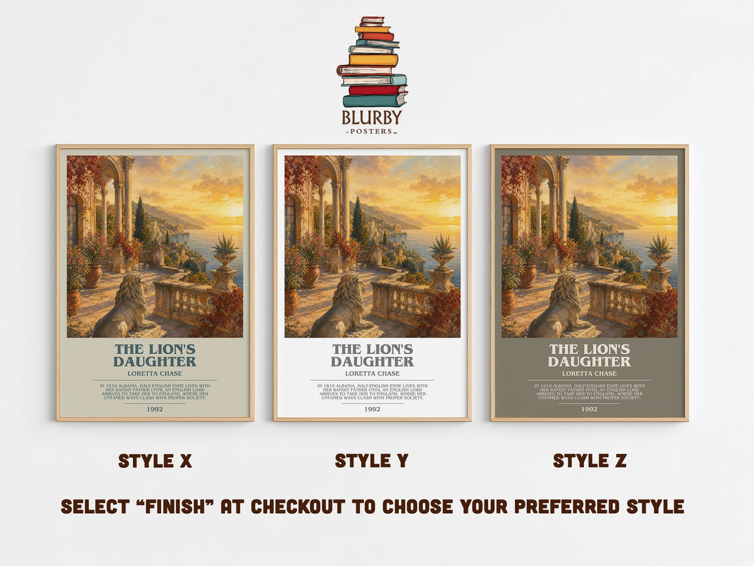 The Lion's Daughter bookish print in frame leaning in hallway – romance wall art (mockup)
