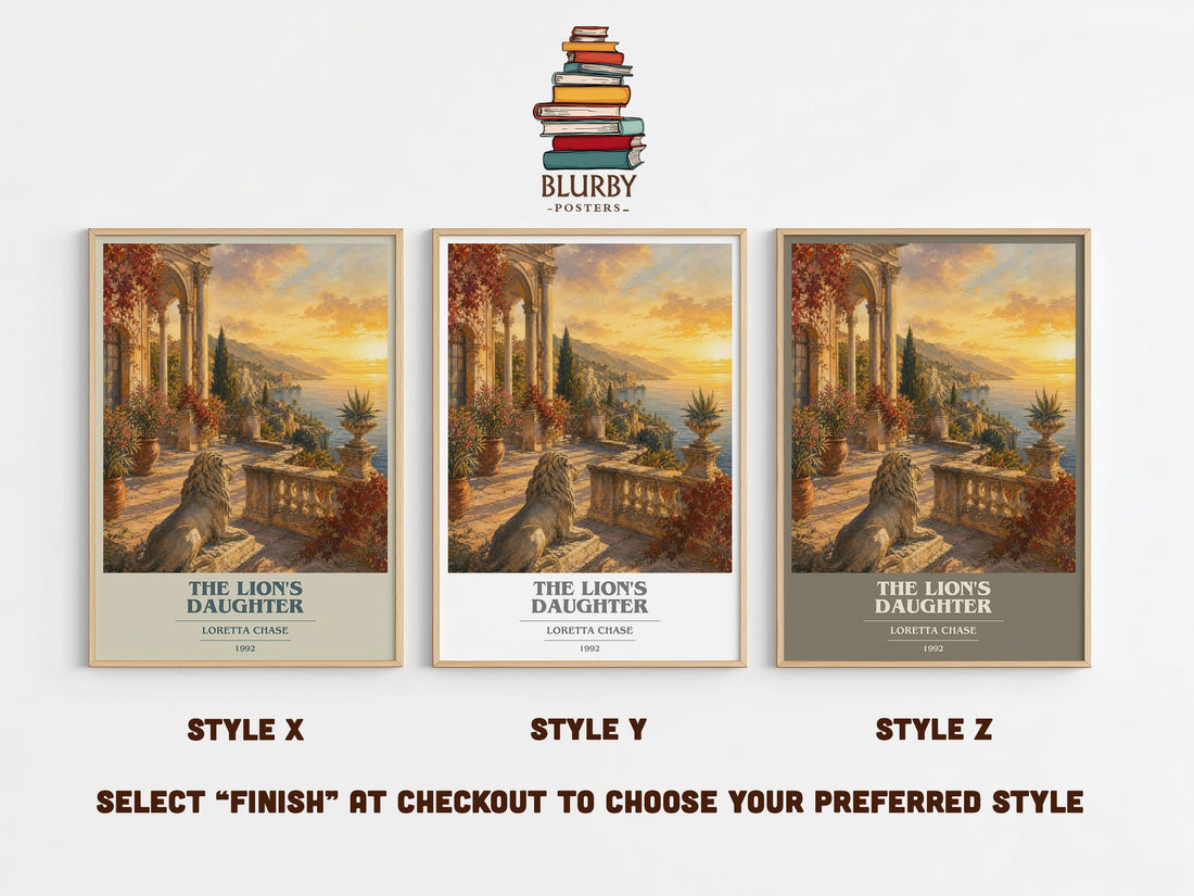 The Lion's Daughter book cover print in frame leaning in hallway – romance wall art (mockup)