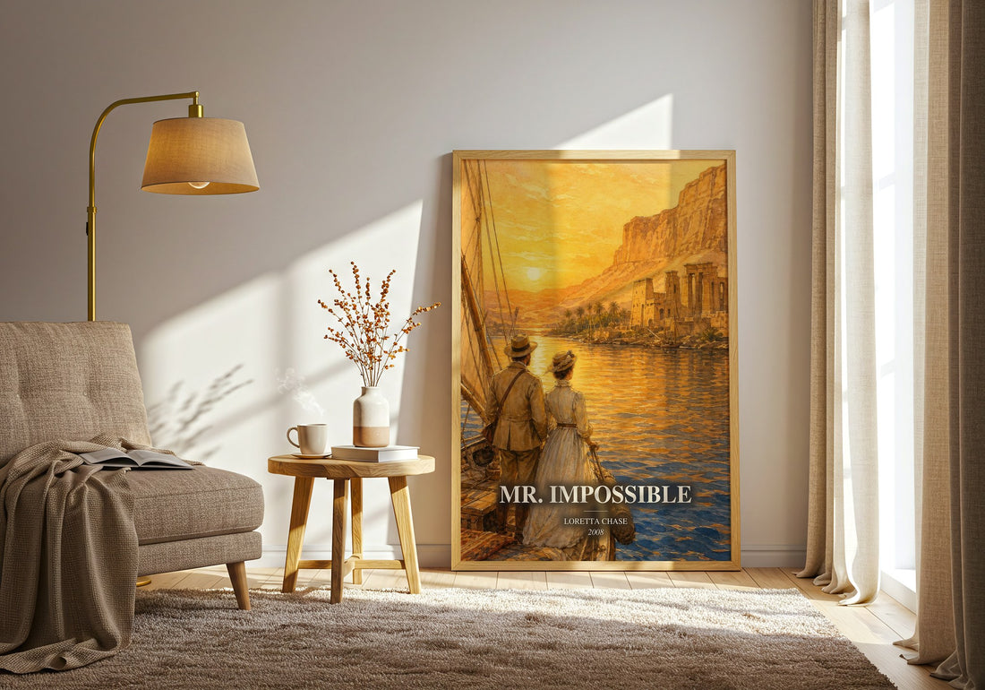 Mr. Impossible watercolour print in frame leaning in hallway – romance wall art (mockup)