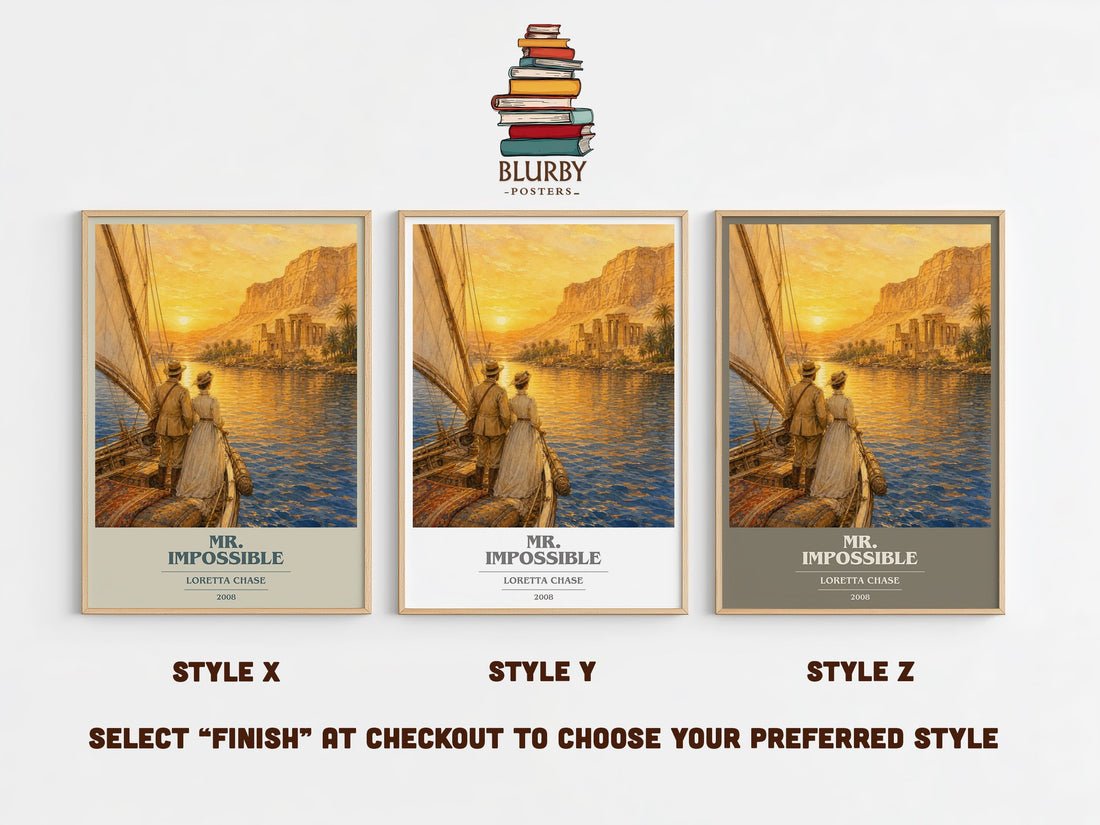 Mr. Impossible book cover print in frame leaning in hallway – romance wall art (mockup)