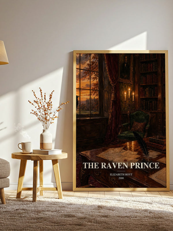 The Raven Prince watercolour print in frame leaning in hallway – romance wall art