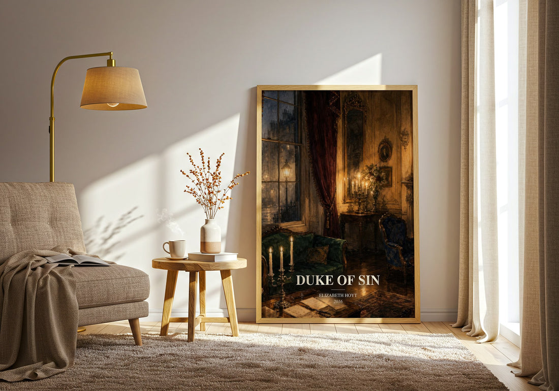 Duke of Sin watercolour print in frame leaning in hallway – romance wall art (mockup)