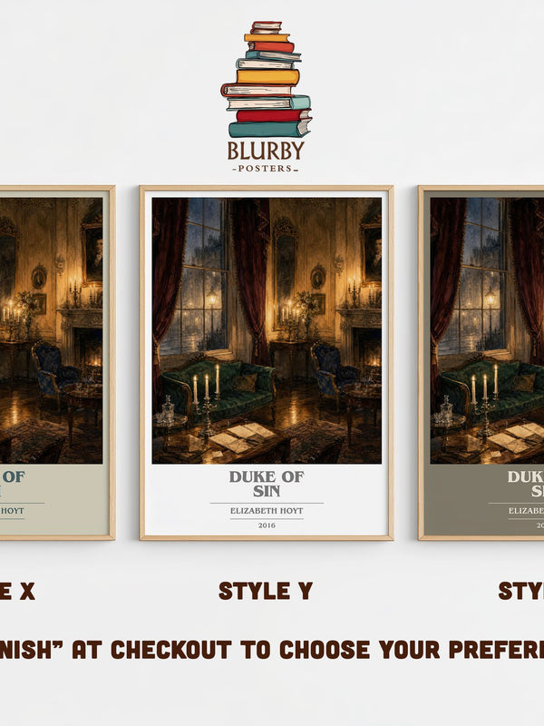 Duke of Sin book cover print in frame leaning in hallway – romance wall art