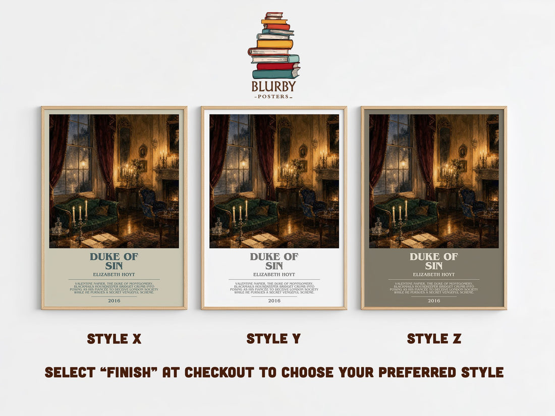 Duke of Sin bookish print in frame leaning in hallway – romance wall art (mockup)