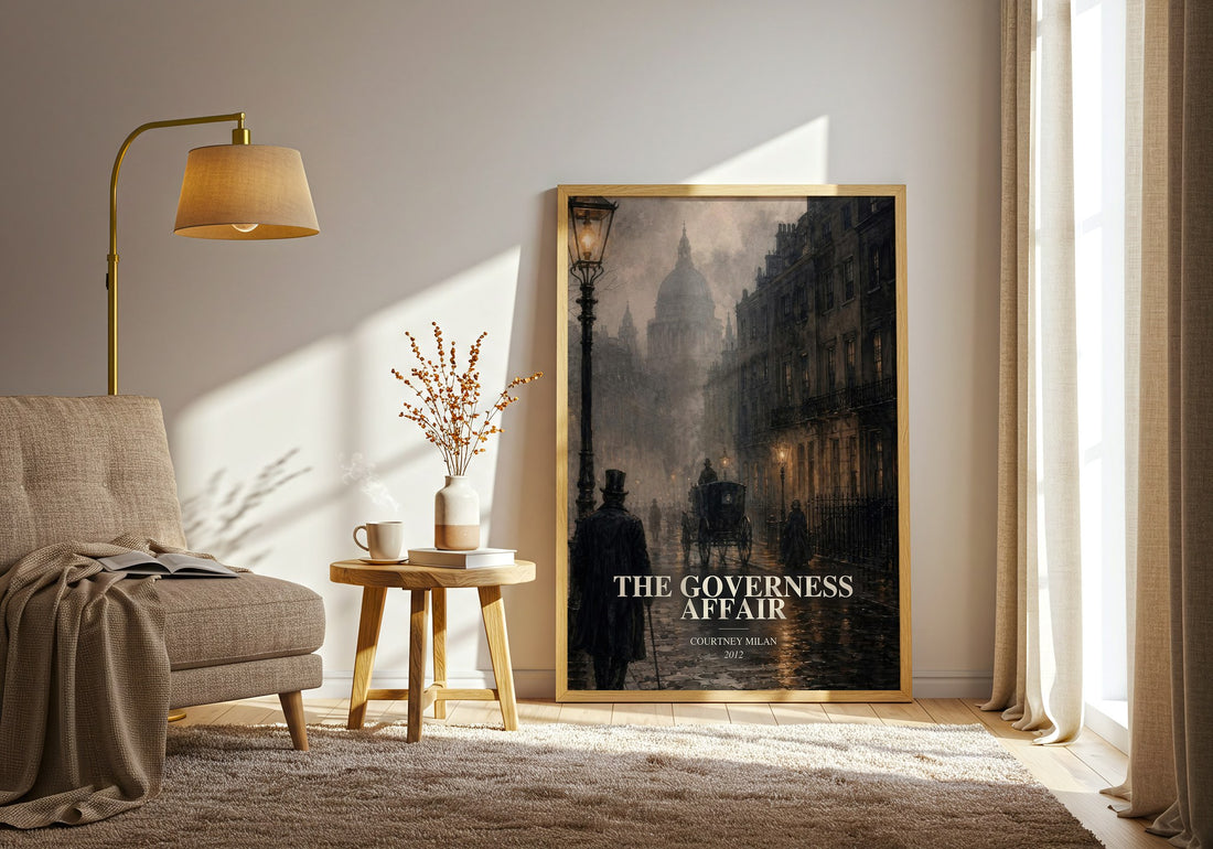The Governess Affair watercolour print in frame leaning in hallway – romance wall art (mockup)