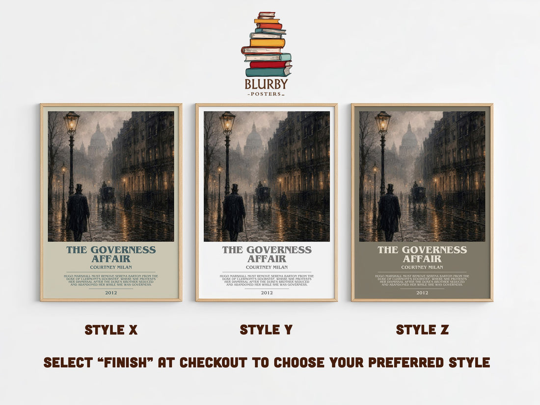 The Governess Affair bookish print in frame leaning in hallway – romance wall art (mockup)