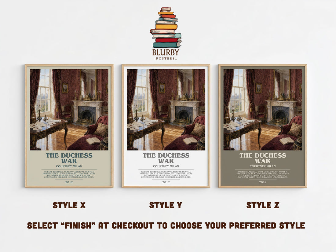 The Duchess War bookish print in frame leaning in hallway – romance wall art (mockup)