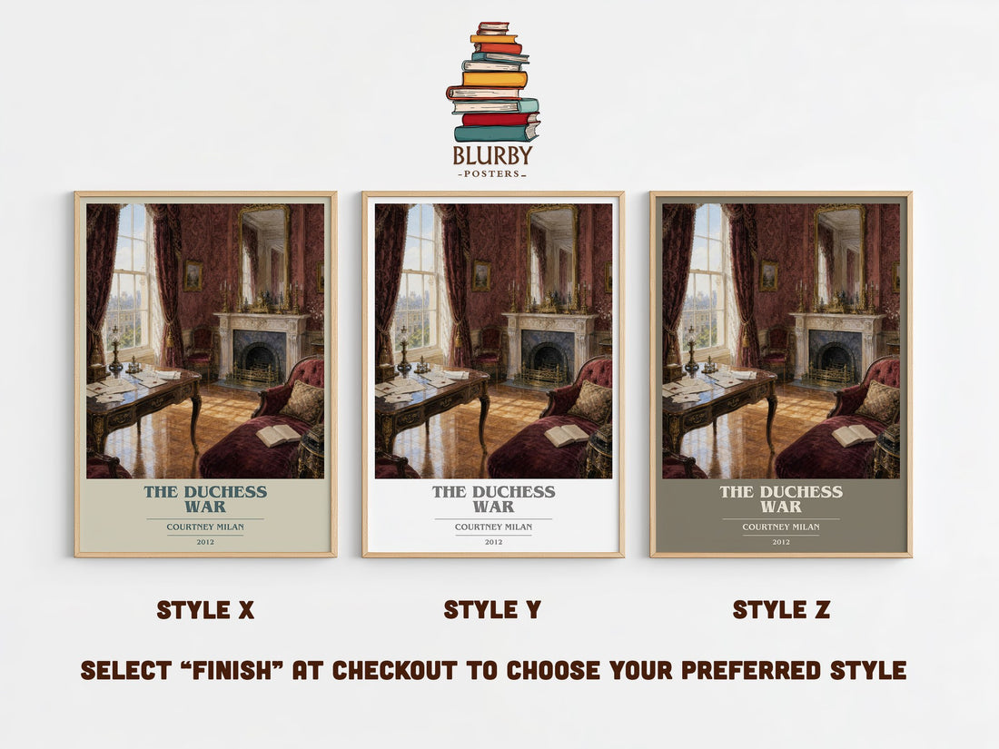 The Duchess War book cover print in frame leaning in hallway – romance wall art (mockup)