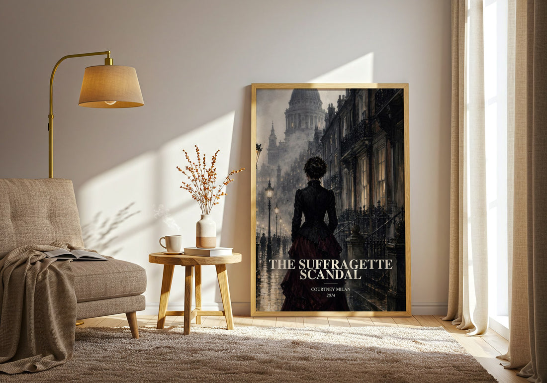 The Suffragette Scandal watercolour print in frame leaning in hallway – romance wall art (mockup)