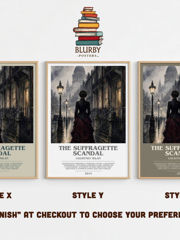 The Suffragette Scandal bookish print in frame leaning in hallway – romance wall art