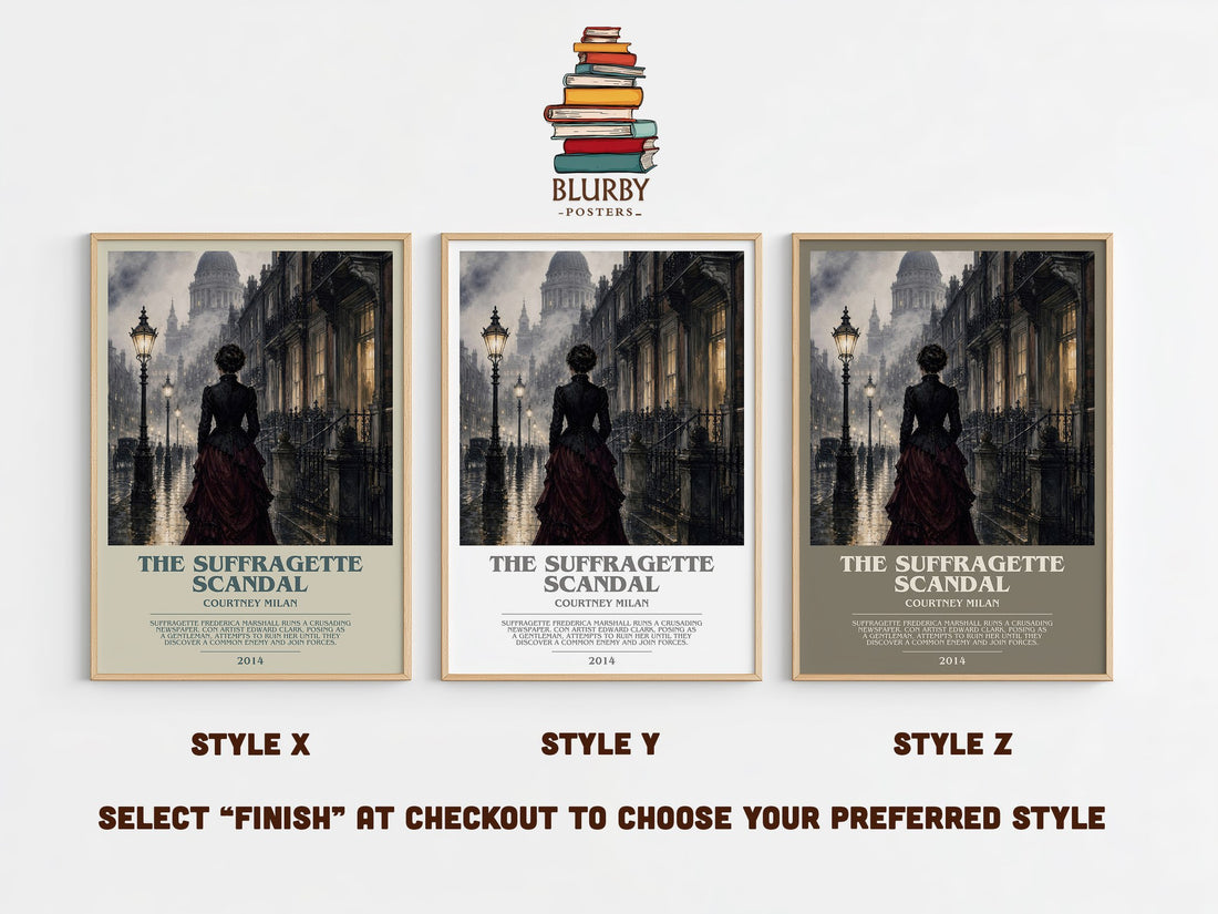 The Suffragette Scandal bookish print in frame leaning in hallway – romance wall art (mockup)