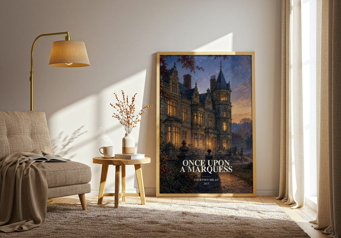 Once Upon a Marquess watercolour print in frame leaning in hallway – romance wall art (mockup)