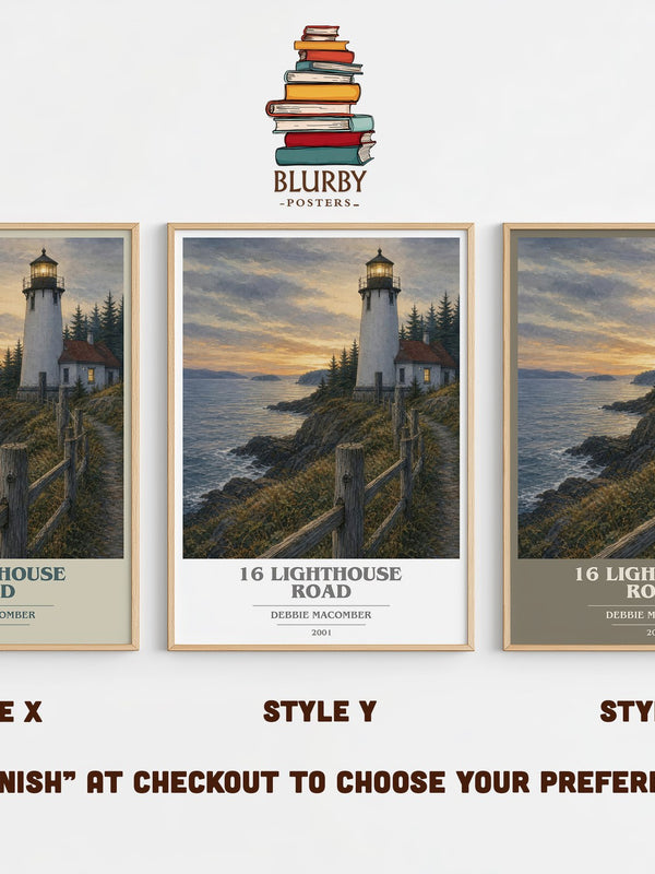 16 Lighthouse Road book cover print in frame leaning in hallway – romance wall art