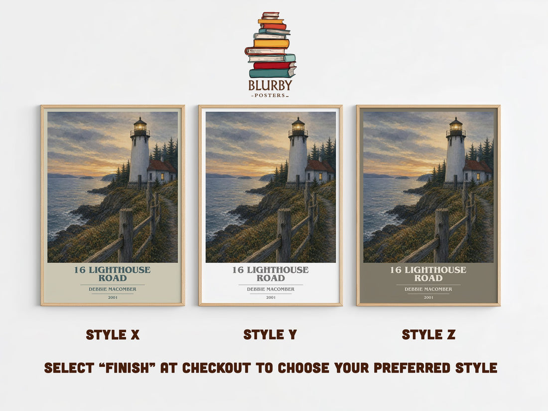 16 Lighthouse Road book cover print in frame leaning in hallway – romance wall art (mockup)