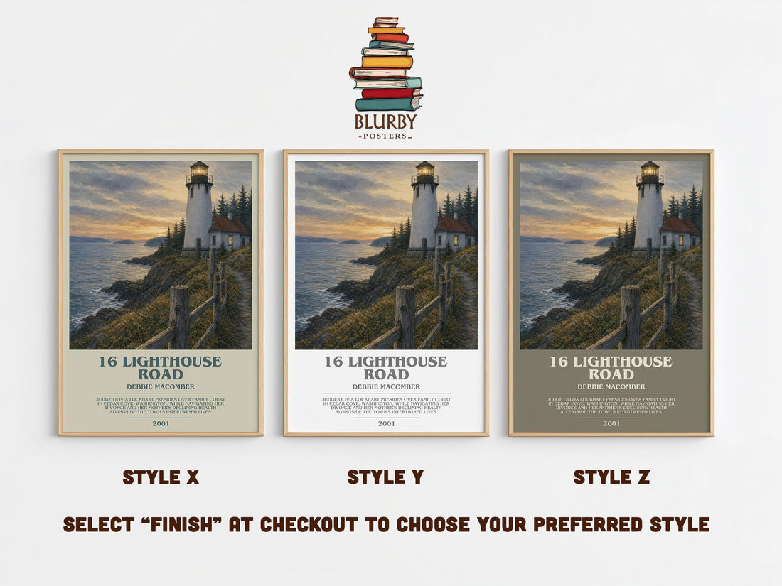 16 Lighthouse Road bookish print in frame leaning in hallway – romance wall art (mockup)