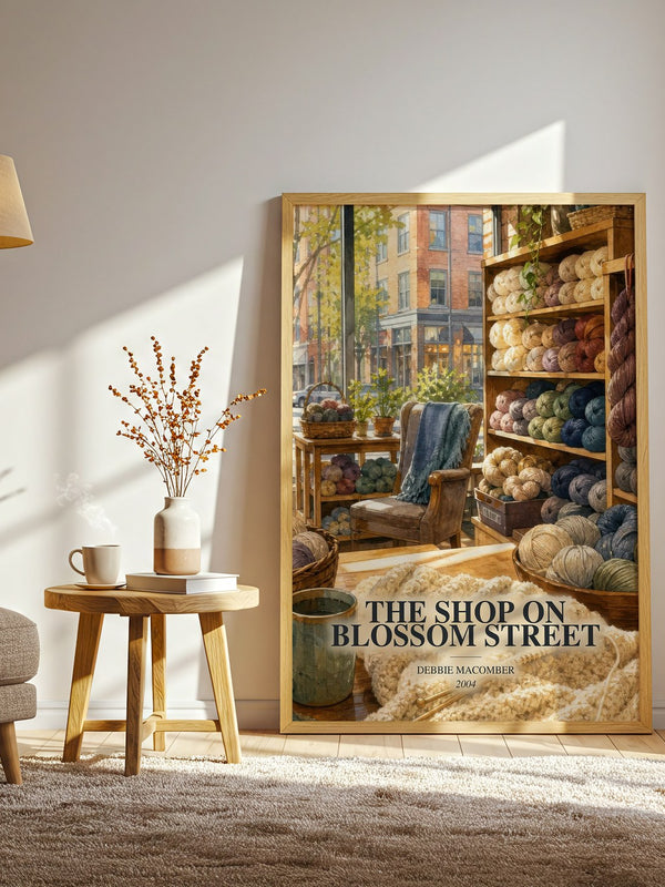 The Shop on Blossom Street watercolour print in frame leaning in hallway – contemporary fiction wall art