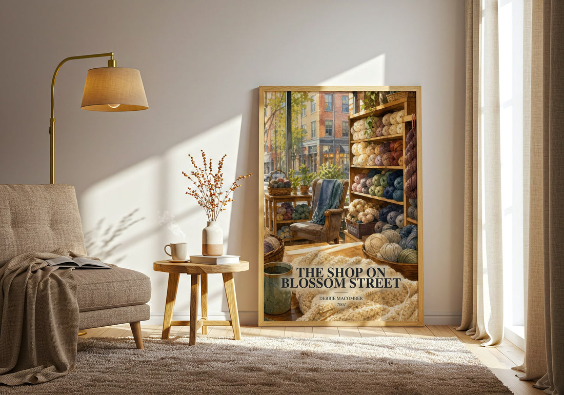 The Shop on Blossom Street watercolour print in frame leaning in hallway – contemporary fiction wall art (mockup)
