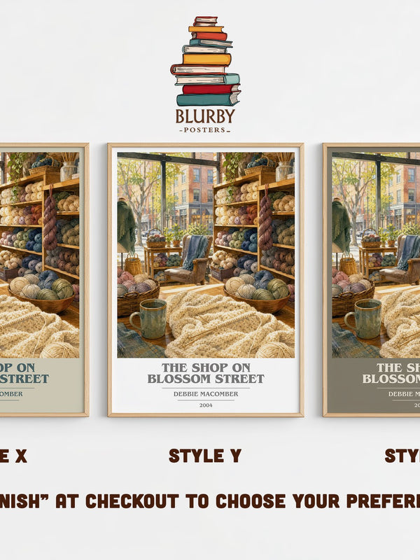 The Shop on Blossom Street book cover print in frame leaning in hallway – contemporary fiction wall art