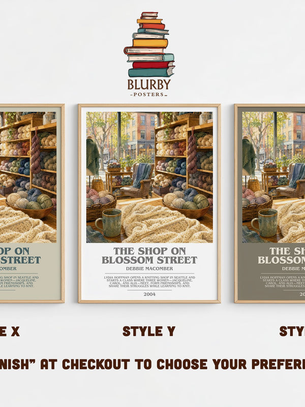 The Shop on Blossom Street bookish print in frame leaning in hallway – contemporary fiction wall art