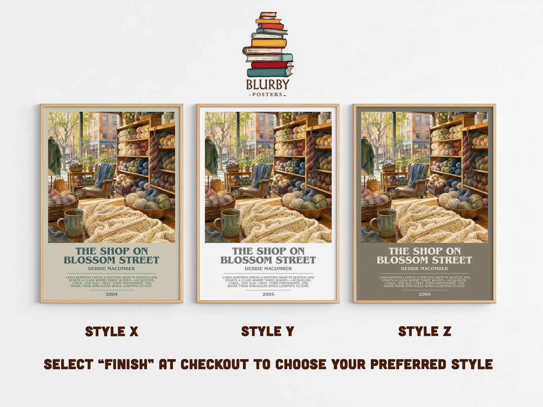 The Shop on Blossom Street bookish print in frame leaning in hallway – contemporary fiction wall art (mockup)