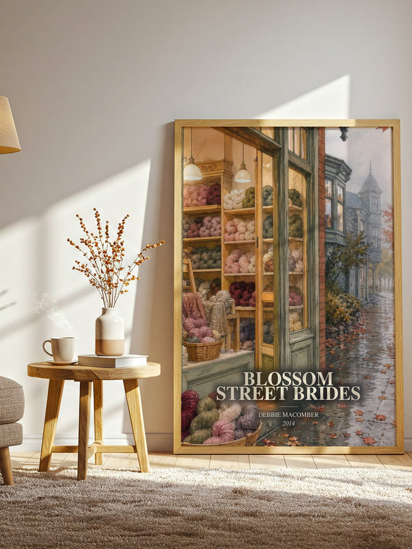 Blossom Street Brides watercolour print in frame leaning in hallway – romance wall art