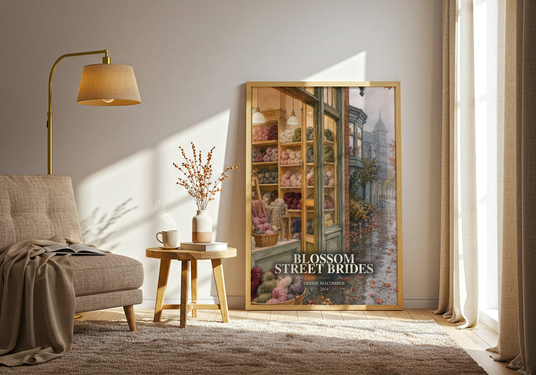 Blossom Street Brides watercolour print in frame leaning in hallway – romance wall art (mockup)