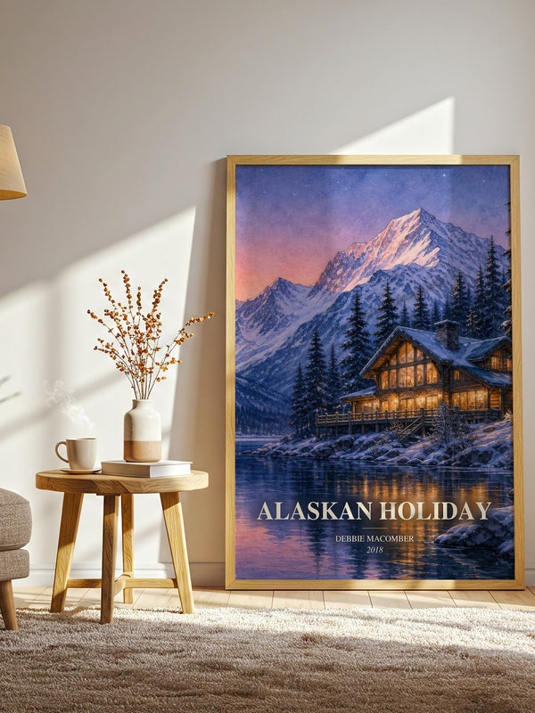 Alaskan Holiday watercolour print in frame leaning in hallway – romance wall art