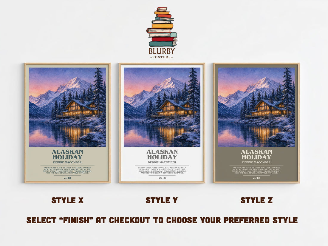 Alaskan Holiday bookish print in frame leaning in hallway – romance wall art (mockup)