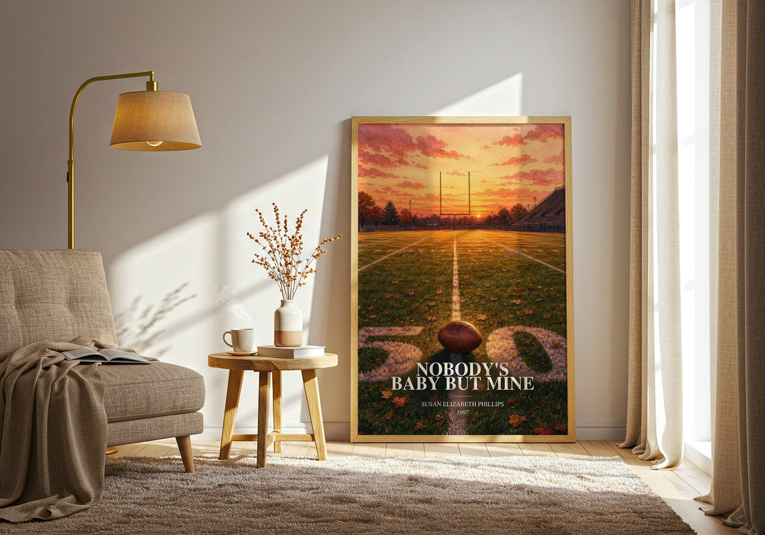 Nobody's Baby But Mine watercolour print in frame leaning in hallway – romance wall art (mockup)