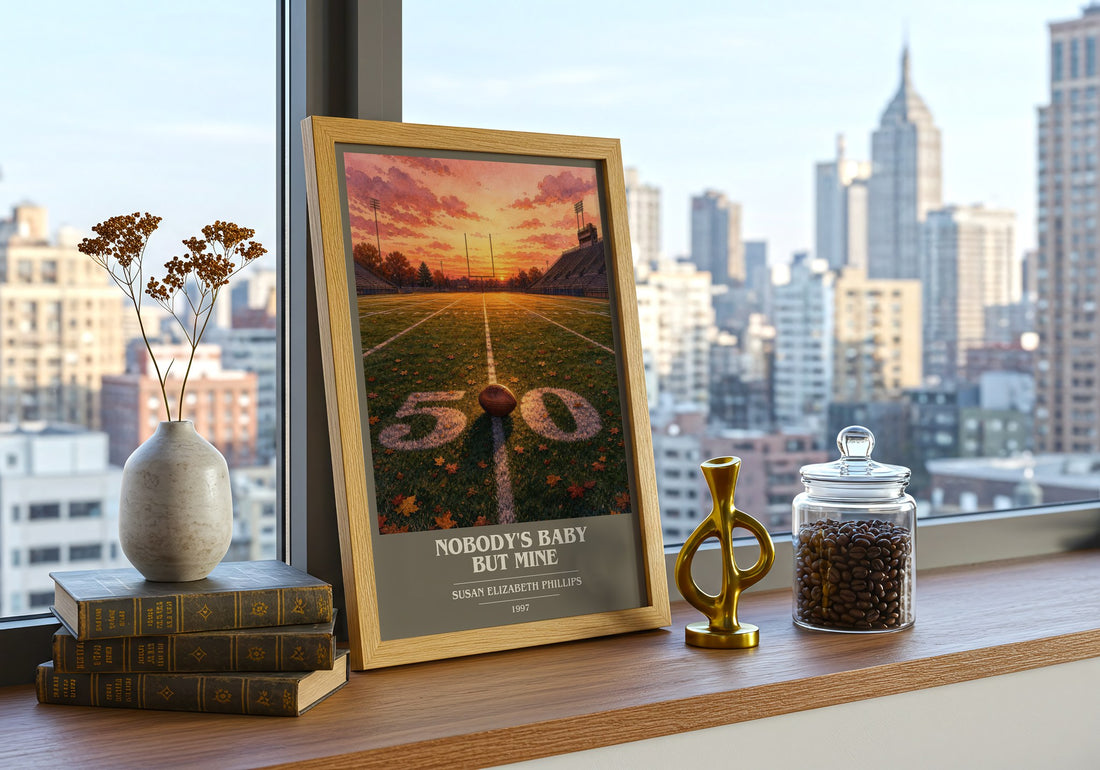 Nobody's Baby But Mine Book Cover Poster by Susan Elizabeth Phillips – framed print on a city-view windowsill