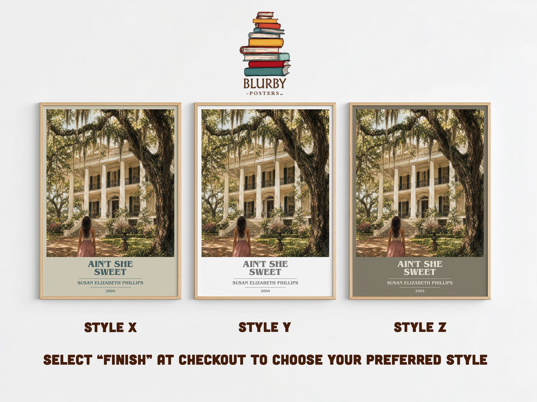 Ain't She Sweet book cover print in frame leaning in hallway – romance wall art (mockup)