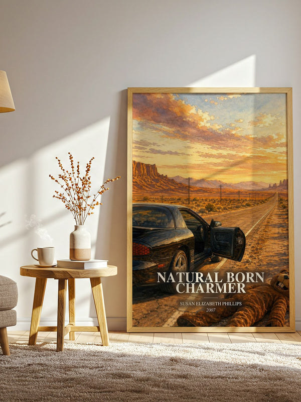 Natural Born Charmer watercolour print in frame leaning in hallway – romance wall art