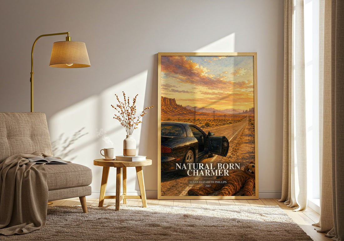 Natural Born Charmer watercolour print in frame leaning in hallway – romance wall art (mockup)