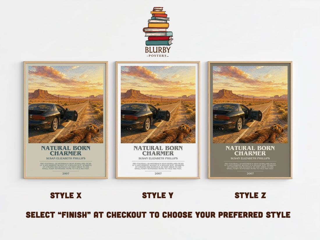 Natural Born Charmer bookish print in frame leaning in hallway – romance wall art (mockup)