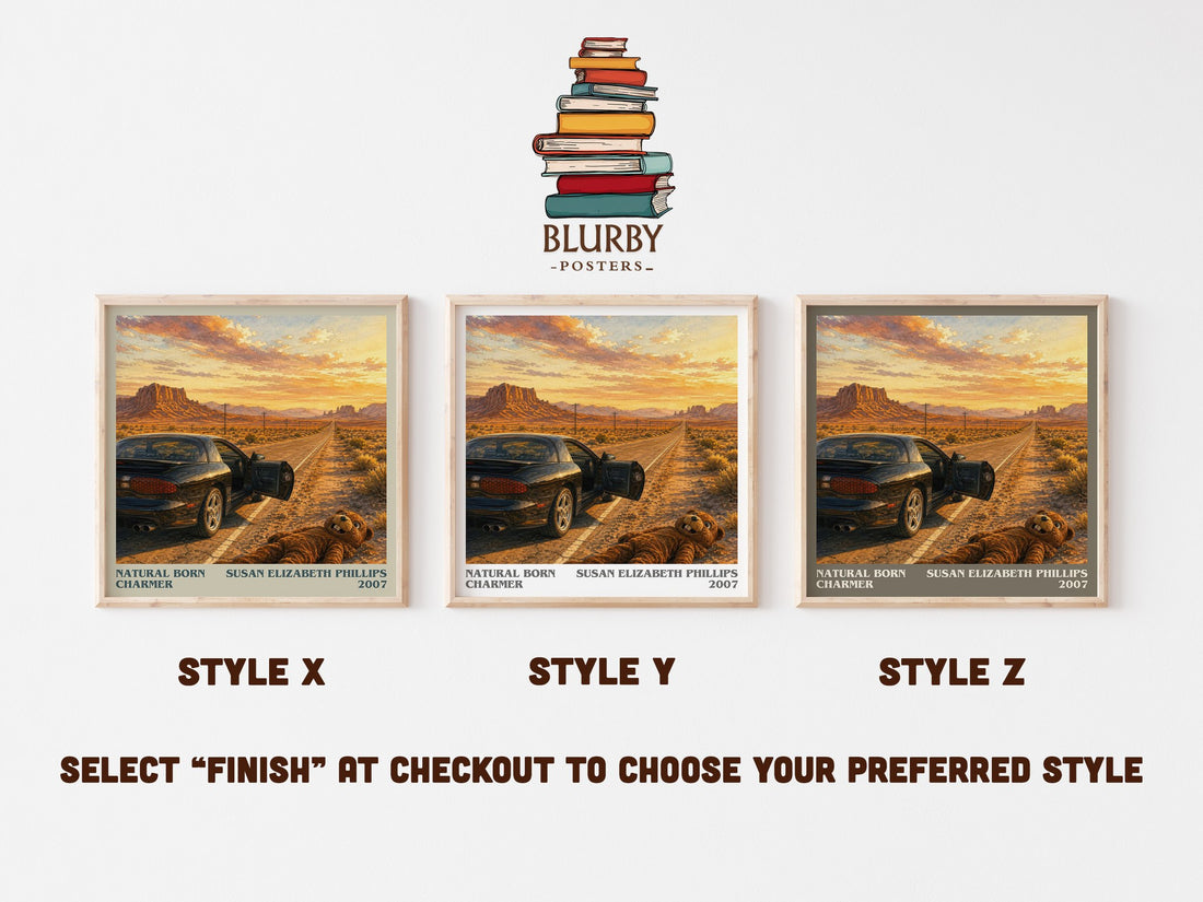 Natural Born Charmer literary print in frame leaning in hallway – romance wall art (mockup)