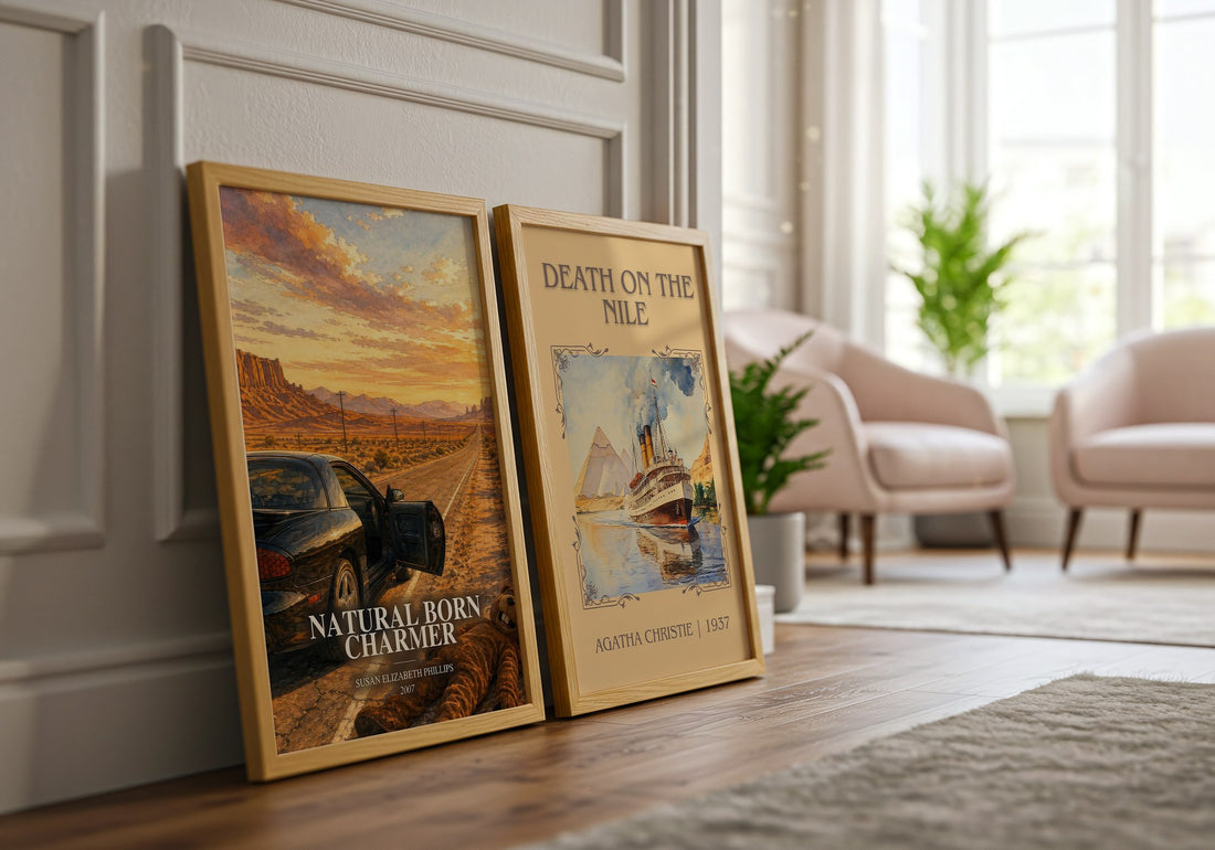 Natural Born Charmer watercolour print framed by window – literary home decor